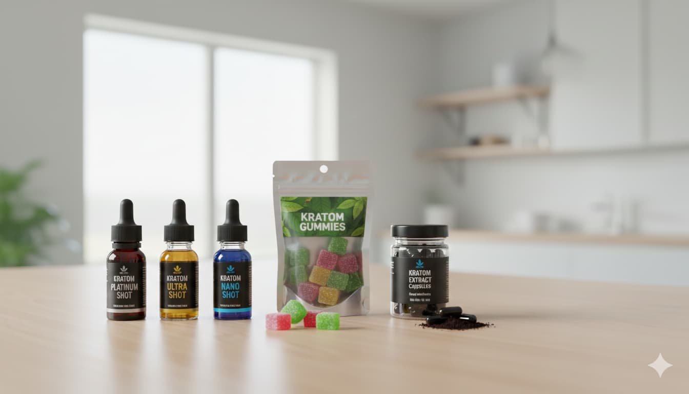 Hush Kratom product lineup showing Platinum shot Ultra shot Nano shot gummies and extract capsules